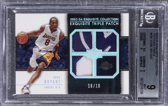 2003-04 UD "Exquisite Collection" Patches Triple #KB1 Kobe Bryant Game Used Patch Card (#10/10) – BGS MINT 9 